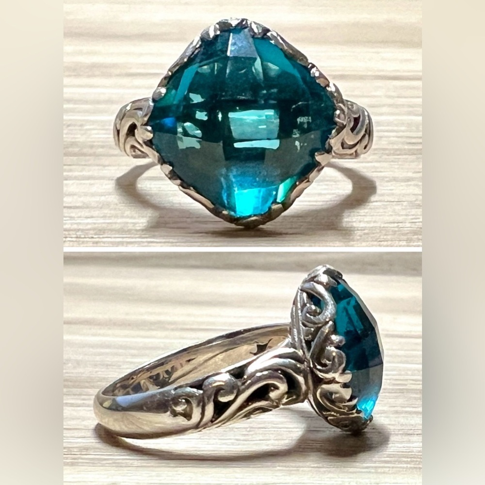 Handmade Artisan Sterling Silver Blue Quartz Scrolled Cocktail Ring, Size 8